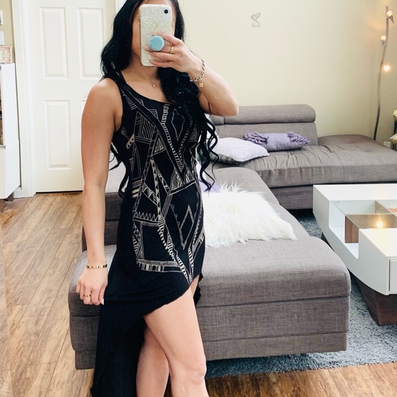 👗 BLACK HIGH LOW GEOMETRIC DRESS - Picture 1 of 2